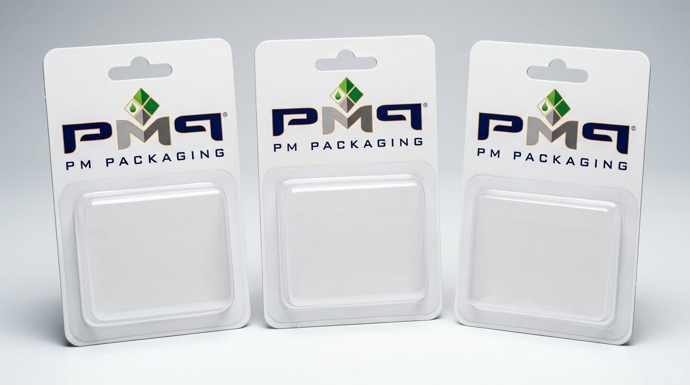 Commercial paperboard blister cards with thermoformed transparent blister cavities and official PM Packaging branding