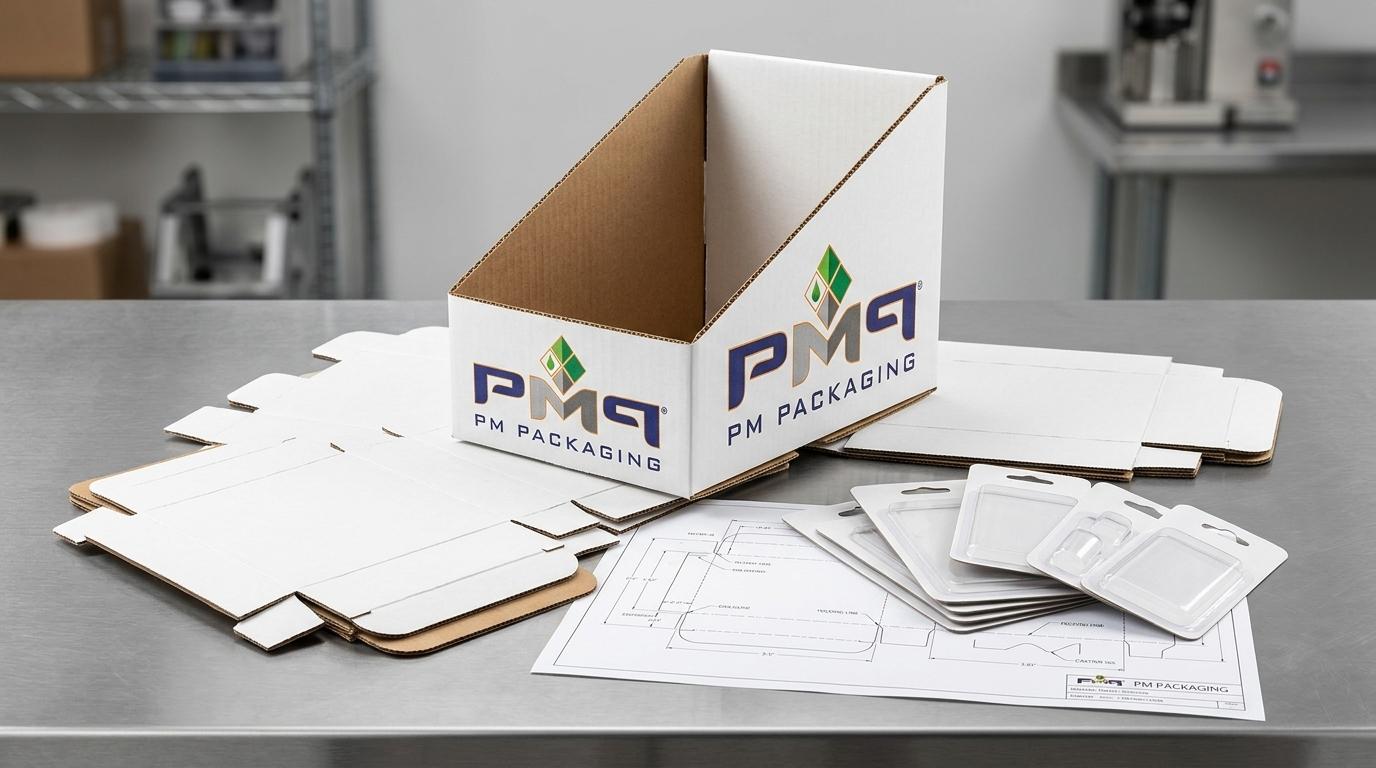 PM Packaging precision engineered folding carton blanks, erected SFL microflute tray, blister cards, and technical CAD dielines