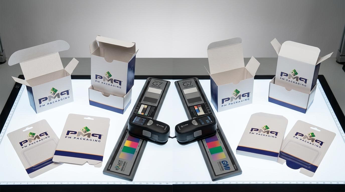 PM Packaging GMI-certified commercial folding cartons, litho-laminated microflute packaging, and blister cards evaluated under calibrated studio lighting with spectrophotometric color control strips