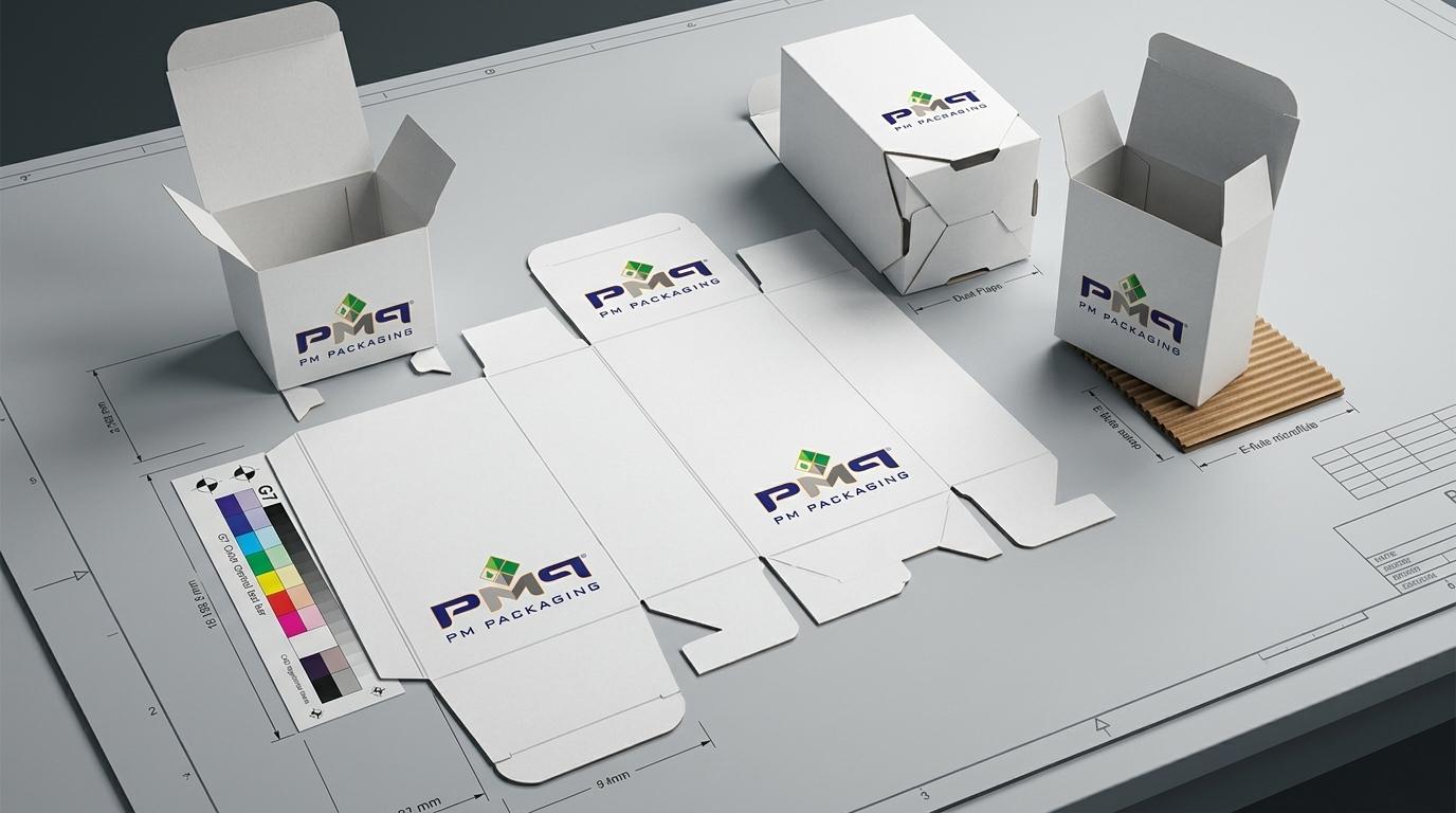 PM Packaging structural engineering design desk showcasing empty folding cartons, die-cut blanks with G7 color test bars, auto-bottom structures, and microflute E-flute swatches