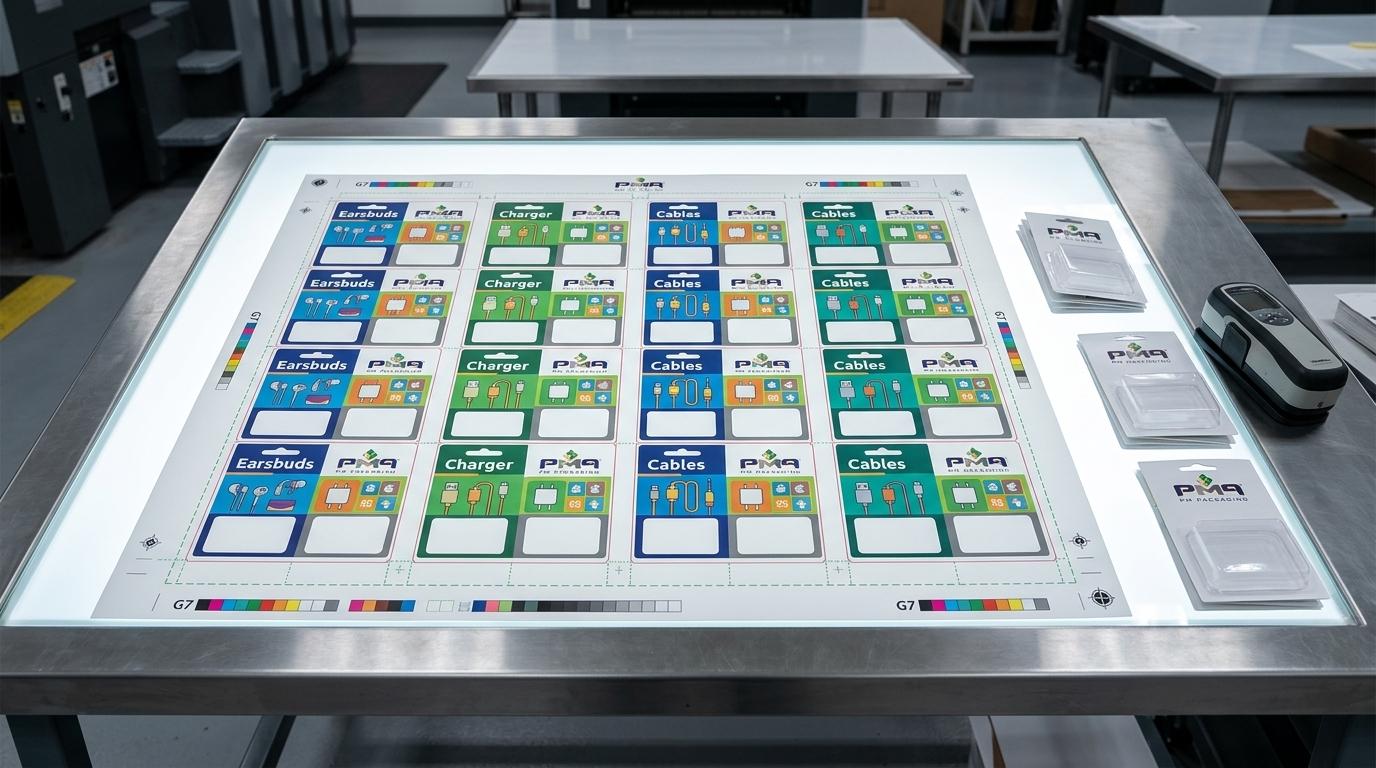 Multi-up heat-seal blister card master press sheet undergoing spectral color and dieline inspection on light table with official PM Packaging quality targets