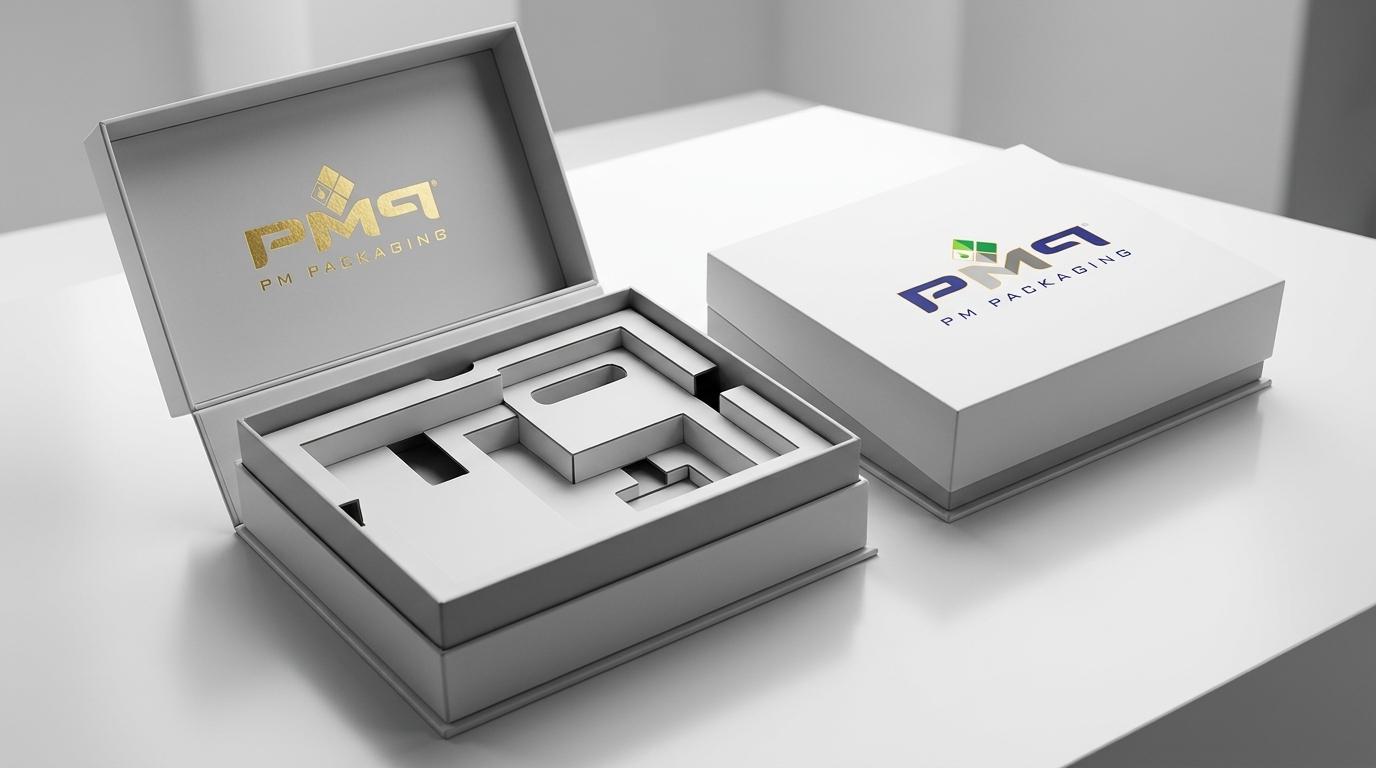 Open luxury rigid setup box with precision die-cut tiered paperboard insert platforms and PM Packaging logo