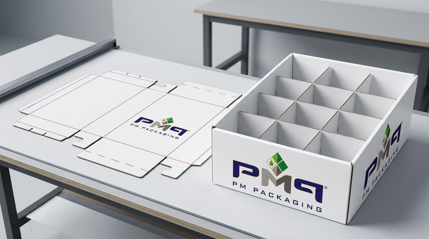 CAD dieline blank and assembled multi-tier retail pallet tray with precision die-cut partitions and PM Packaging branding
