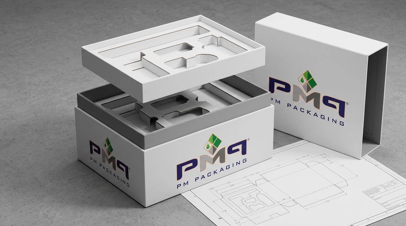 Exploded structural view of custom luxury rigid setup box with multi-tier precision die-cut paperboard insert platforms, telescoping lid, and CAD dielines featuring PM Packaging branding