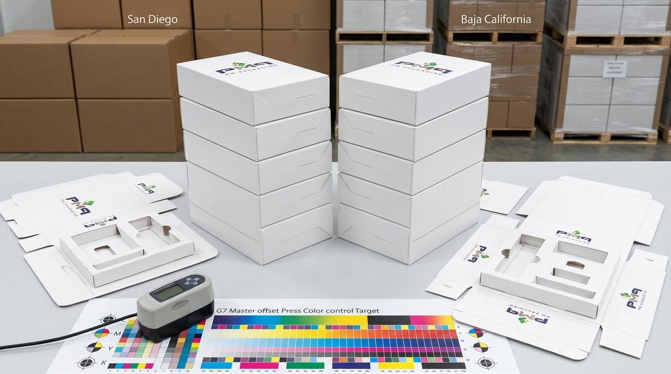 Multi-plant nearshore packaging converting overview showcasing mirrored stacks of pristine virgin paperboard folding cartons with tamper-evident tear strips, internal die-cut paperboard workstation inserts, G7 color control strip with spectrophotometer, and dual-plant palletized shipping units branded with the PM Packaging logo