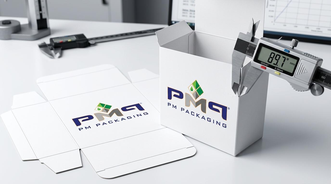 Folding carton structural engineering inspection showing flat paperboard dieline blank with pre-broken score lines, digital caliper measuring crease depth, and straight-tuck carton with PM Packaging logo