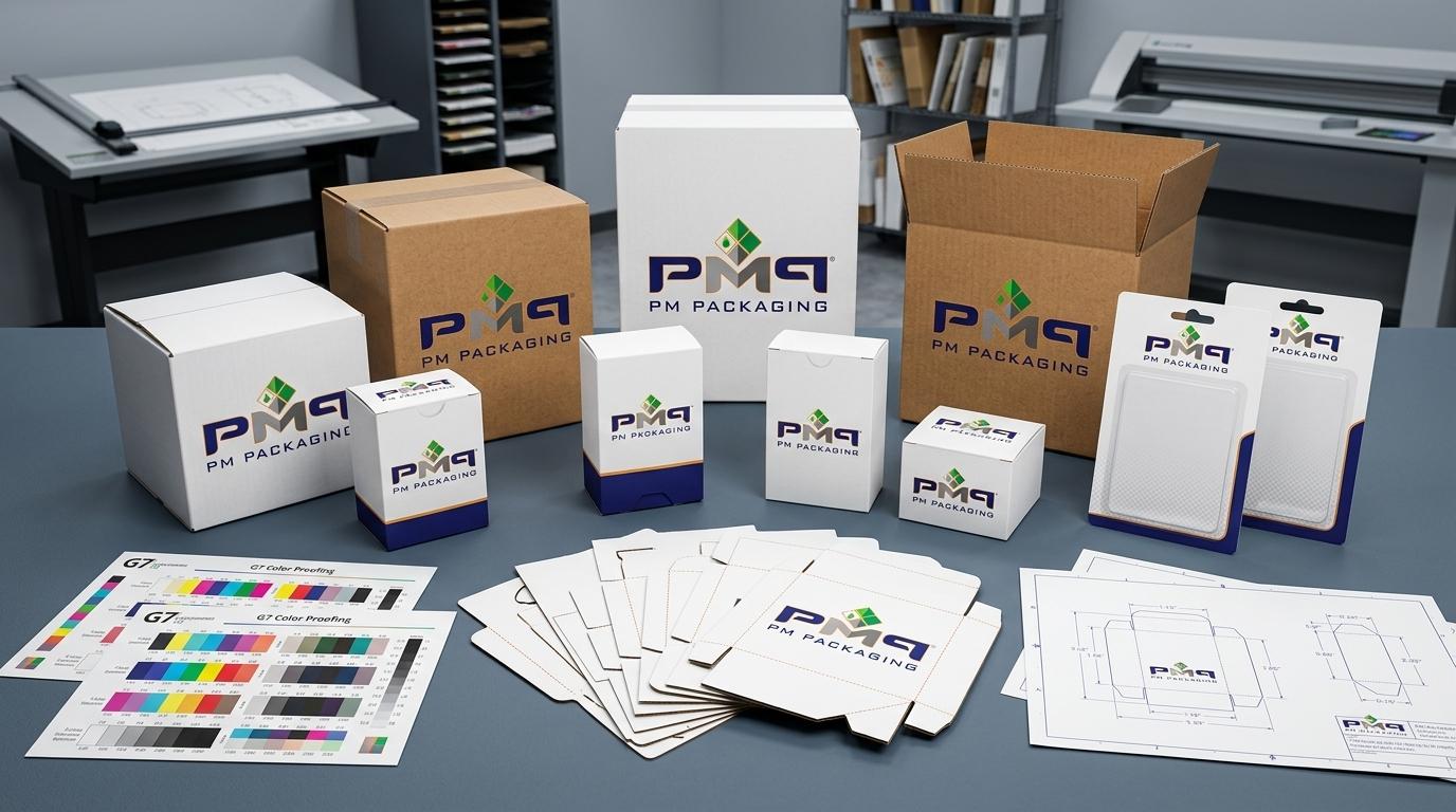 PM Packaging precision folding cartons, litho-laminated microflute packaging, blister cards, and technical CAD dieline drawings for multi-plant nearshore manufacturing