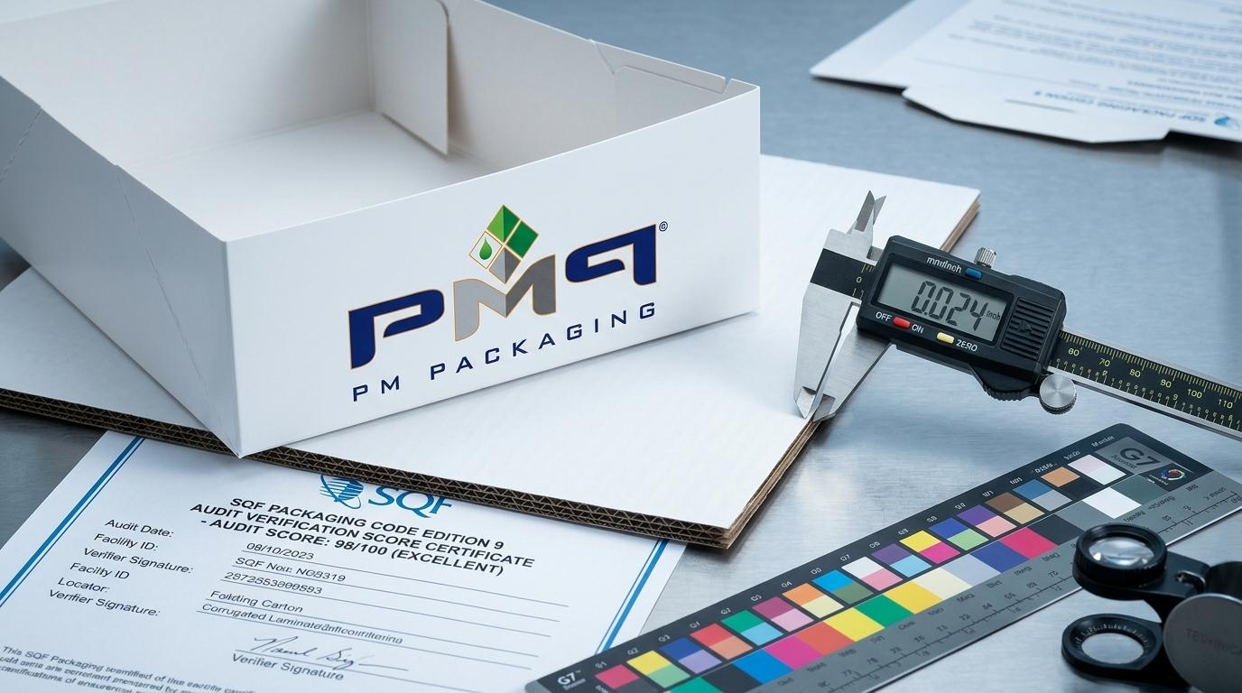 Cleanroom quality inspection setup with empty PM Packaging food cartons, SQF Code Edition 9 audit verification certificate with 98/100 score, digital caliper, and G7 Master color control bar