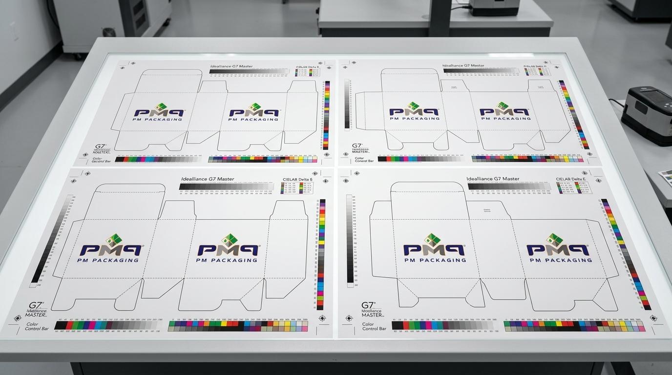 PM Packaging precision folding carton press sheets and single-face laminate structural blanks displaying Idealliance G7 Master gray balance scales, CIELAB color control bars, and PM Packaging branding
