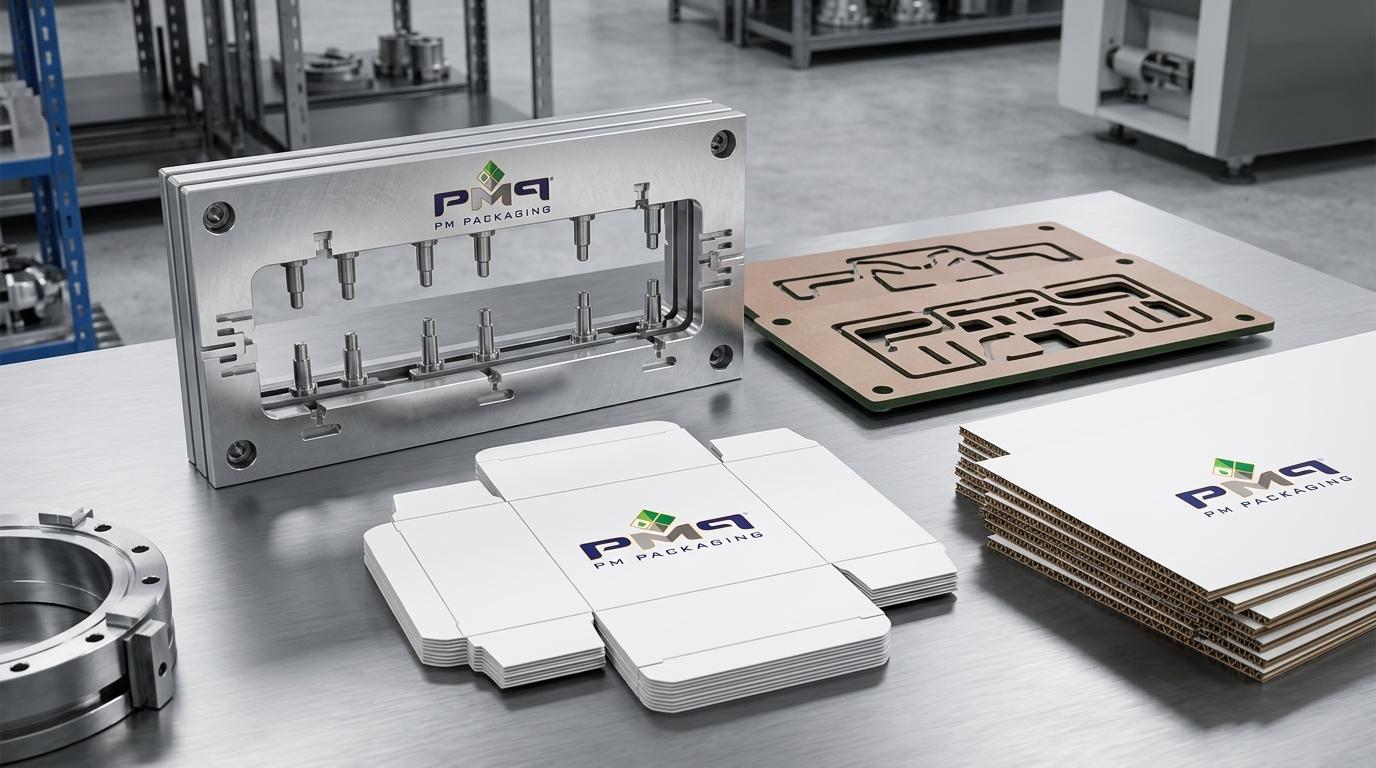 PM Packaging precision steel rule converting tooling suite showcasing dynamic upper stripping pin frames, CNC Pertinax counterplates, and die-cut folding carton blanks