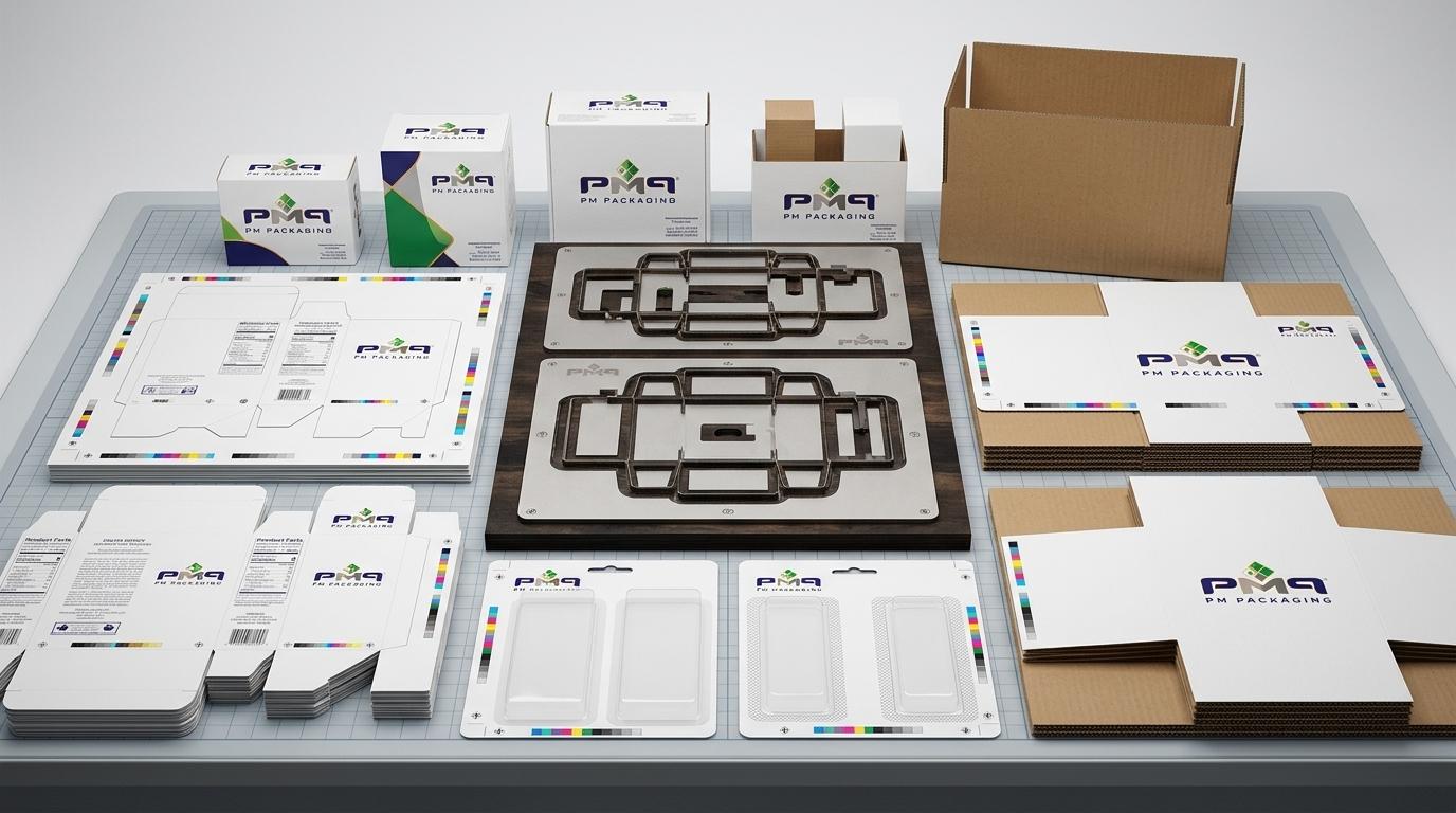 PM Packaging commercial packaging structures, printed folding carton blanks, blister packaging cards, and laser-machined steel-rule dieboards demonstrating multi-facility converting capacity