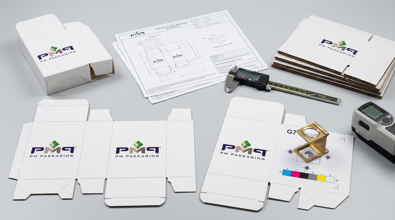 PM Packaging precision folding carton blanks, single-face laminate microflute structures, calipers, spec sheets, and G7 color calibration target