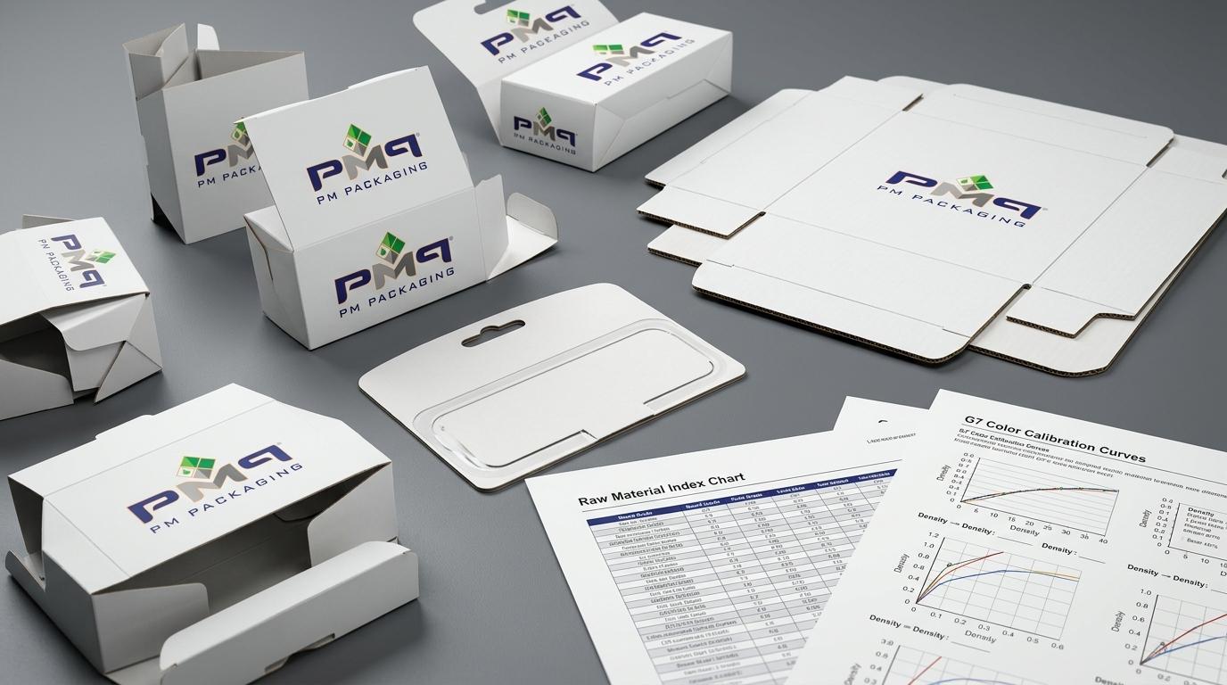 Commercial packaging structures, dieline blanks, and procurement raw material indexation documents