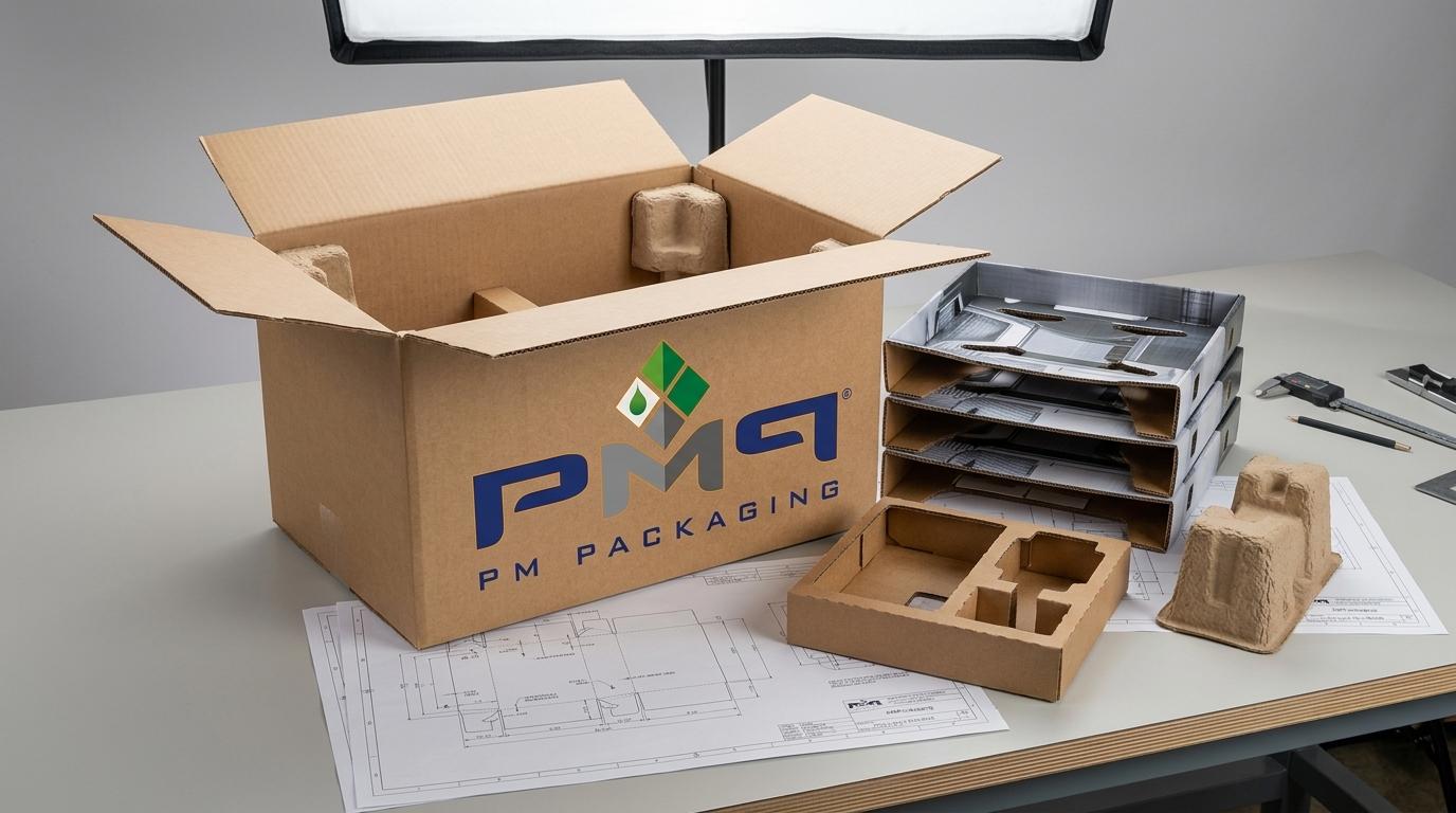 Commercial packaging engineering structures for heavy-duty appliances showing multi-tier litho-laminated microflute suspension trays, precision die-cut accessory inserts, corner supports, and CAD dielines with PM Packaging branding