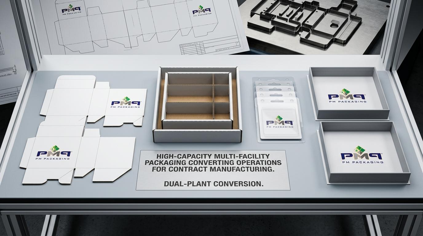 PM Packaging high-capacity multi-facility packaging converting operations staging for contract manufacturing