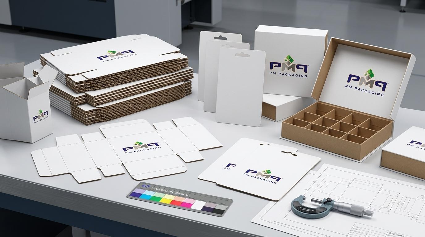 PM Packaging precision folding carton blanks, litho-laminated single face microflute cartons, blister cards, rigid setup boxes, G7 color calibration bar, and engineering micrometer