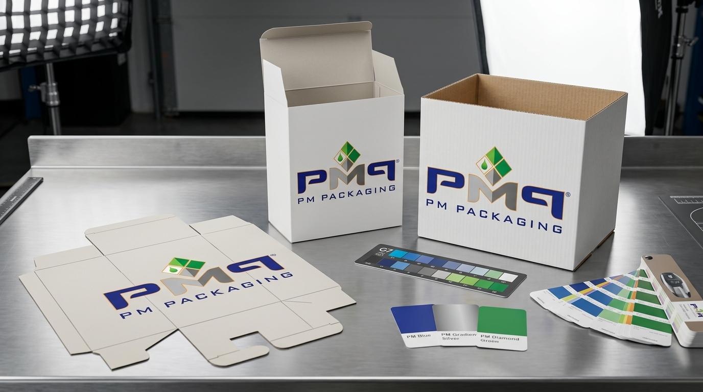 Commercial packaging engineering displaying precision folding carton CAD dieline blanks, erected SFL microflute packaging, and G7 spectrophotometer color calibration swatches with PM Packaging branding