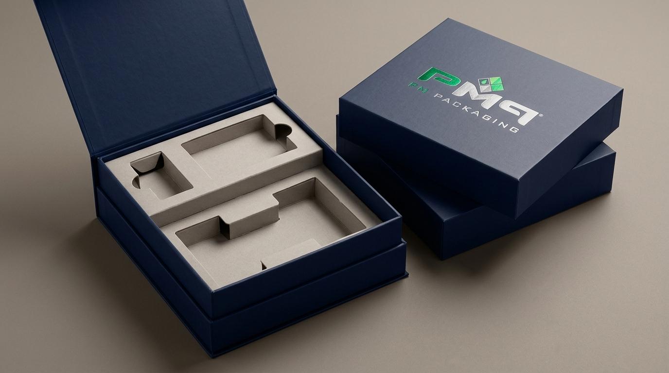 Open luxury rigid setup box with precision die-cut multi-tier paperboard insert platforms and PM Packaging logo