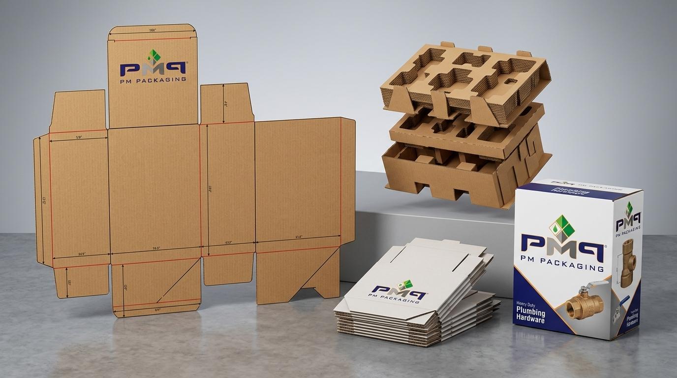 Exploded commercial packaging engineering layout for plumbing valve fixtures showcasing unfolded CAD dieline blank, multi-tiered corrugated insert suspension trays, auto-bottom microflute boxes, and assembled litho-laminated master box with PM Packaging branding