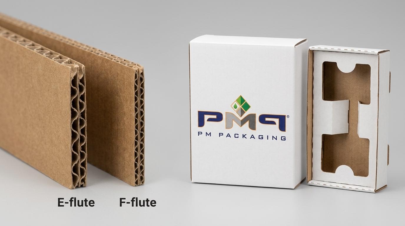 Comparison of SFL fluting profiles E-flute vs F-flute cross sections alongside right-sized retail carton with PM Packaging logo