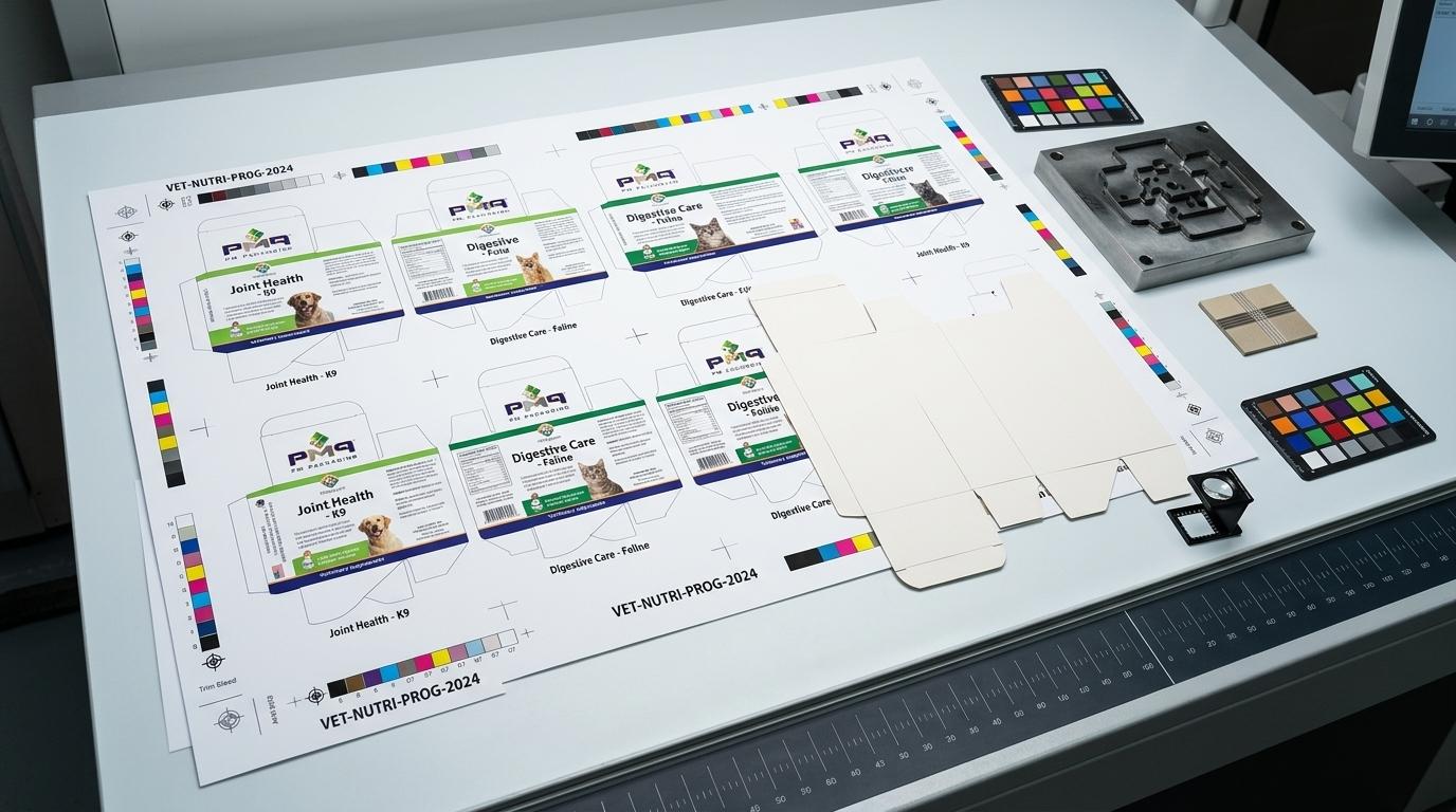 Multi-up gang-run folding carton and blister card press sheets, CAD dielines, and G7 color calibration bars with PM Packaging logo