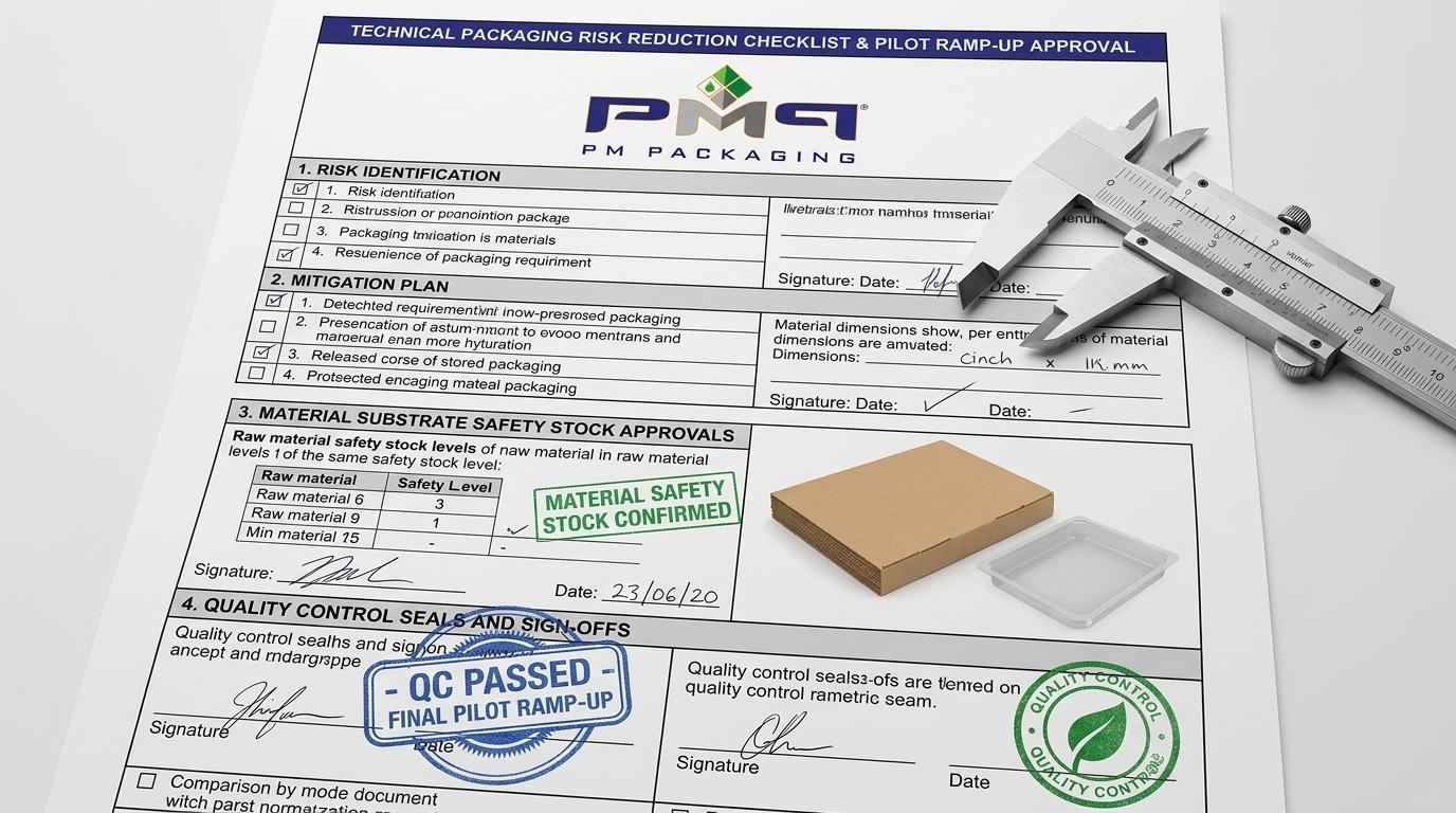 Technical packaging risk reduction checklist and pilot ramp-up approval document showing quality control seals with PM Packaging logo
