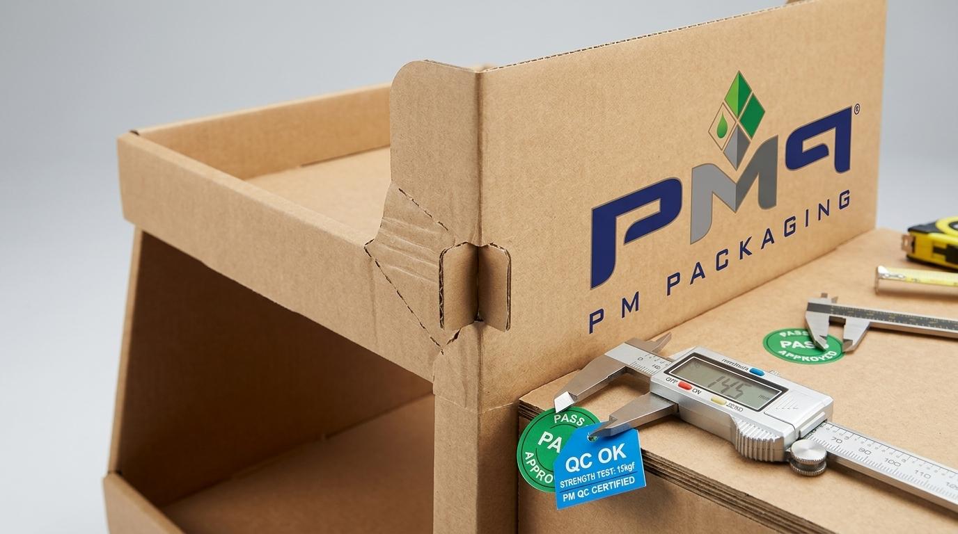 Corrugated retail display shelf joint and load-bearing lock tab showing structural scoring and digital caliper measuring instruments with PM Packaging logo
