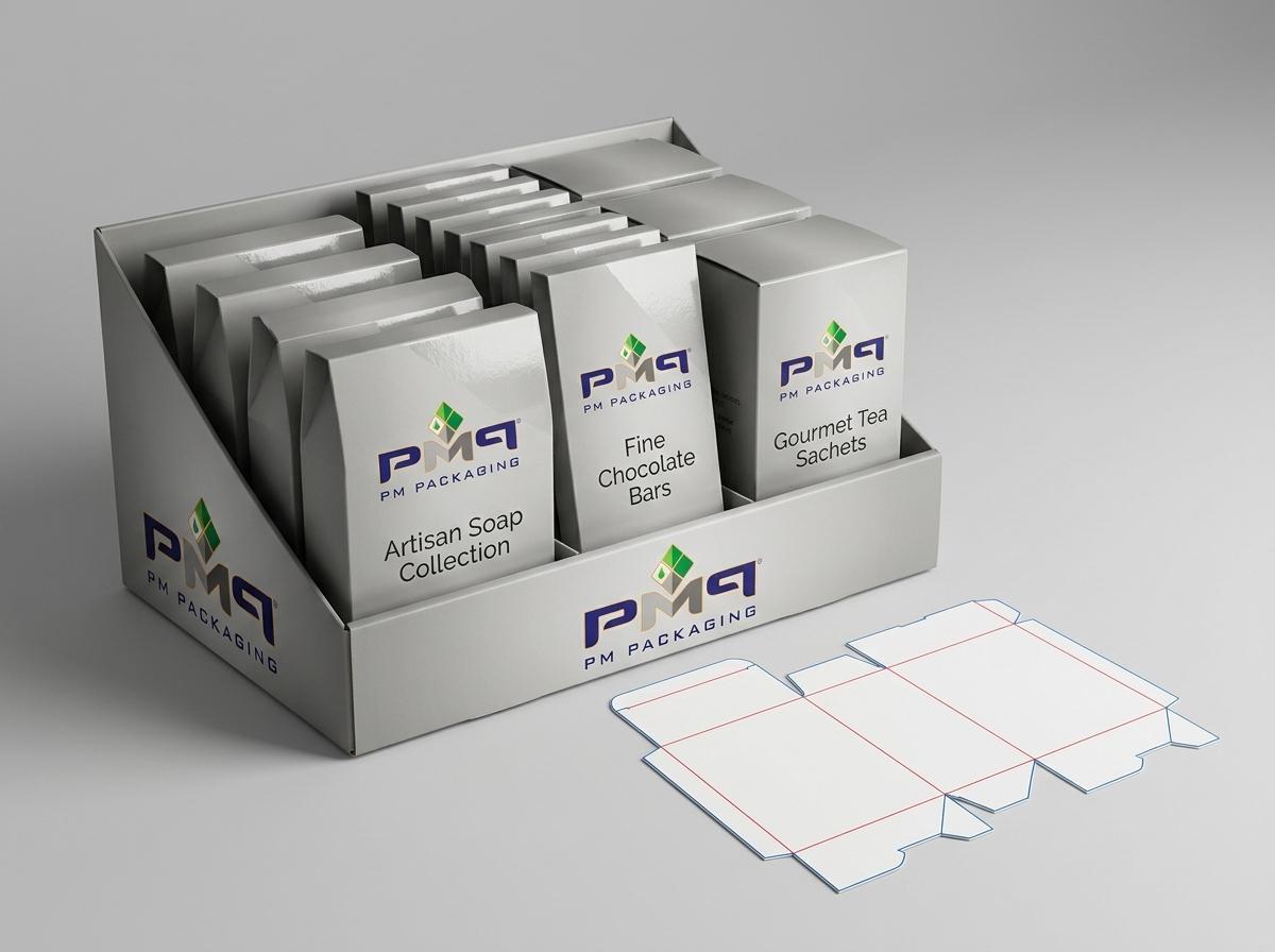 Commercial retail-ready PDQ display tray holding harmonized multi-SKU folding cartons alongside an unfolded structural CAD dieline blank with PM Packaging branding