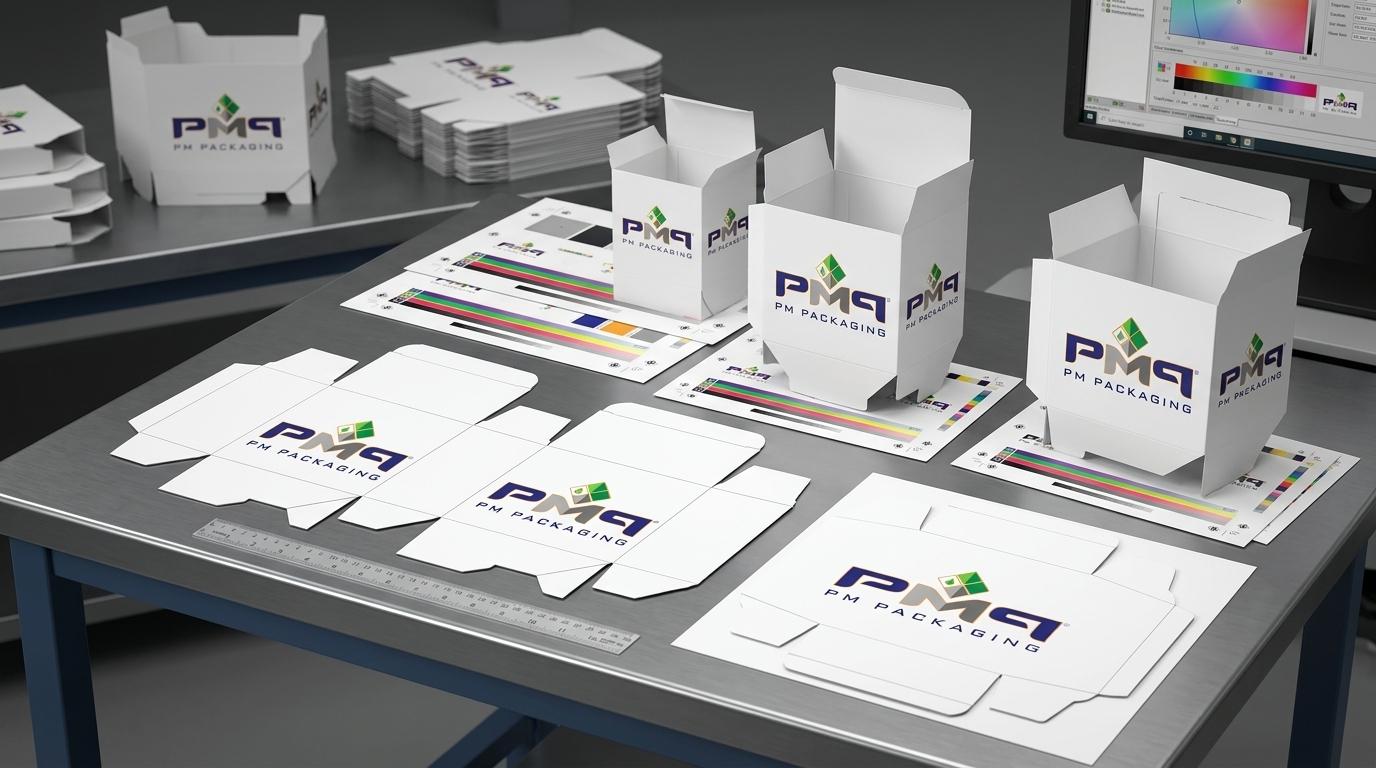 PM Packaging folding carton structural CAD dielines, precision blanks, auto-bottom structures, and G7 color calibration sheets for USMCA multi-plant converting redundancy
