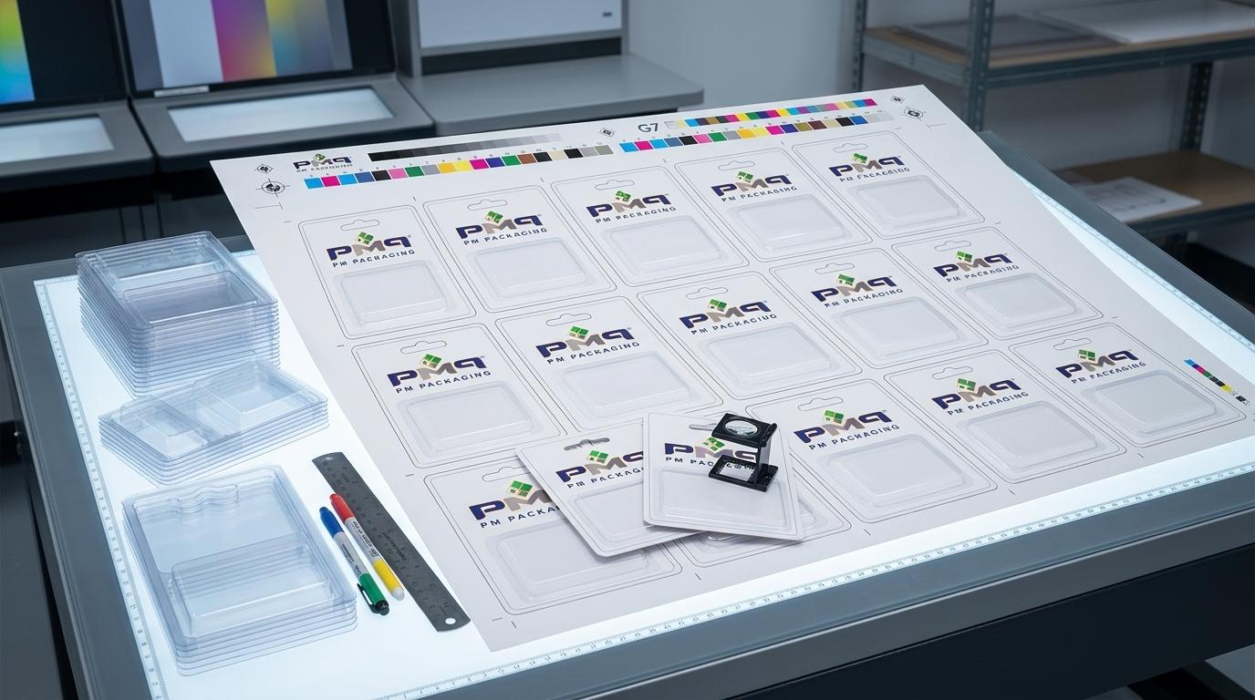 Multi-up heat-seal blister card master press sheet undergoing spectral color and dieline inspection on light table with official PM Packaging quality targets