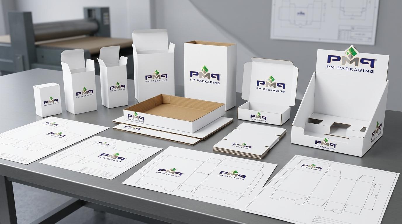 PM Packaging precision structural packaging formats including custom folding cartons, litho-laminated microflute trays, modular PDQ displays, and CAD dielines engineered for pallet cube density