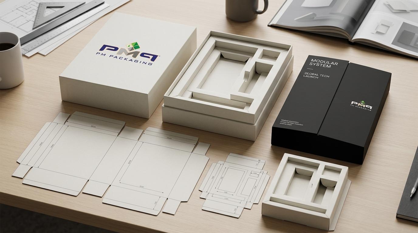 Modular luxury rigid packaging system with precision die-cut tiered insert trays, outer sleeve, and unfolded structural CAD blanks