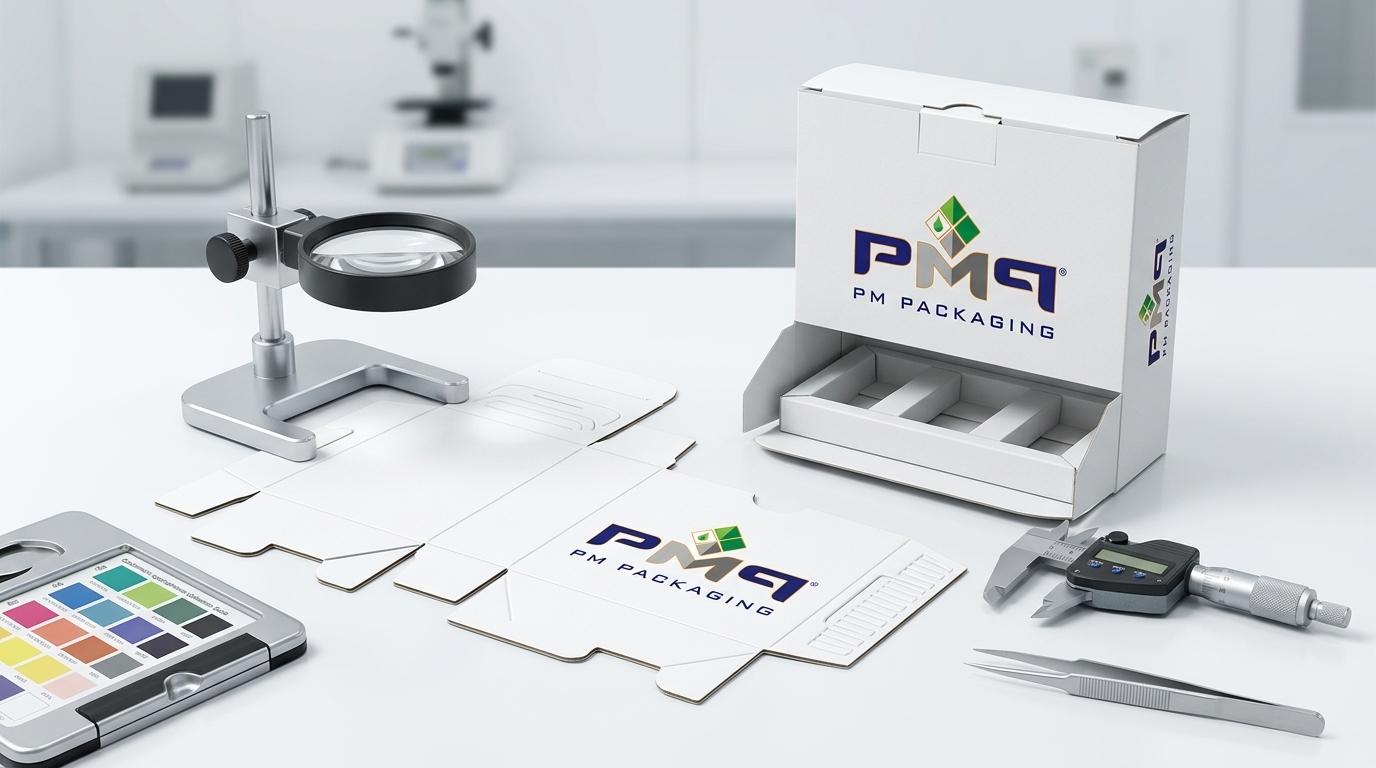 Medical virgin SBS folding carton dieline blank, assembled secondary carton with structural inserts, digital caliper, and spectrophotometer color target with PM Packaging logo