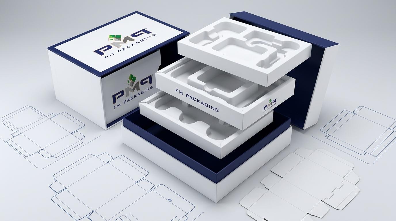 Exploded structural architecture of a luxury multi-tier rigid setup box featuring removable precision paperboard insert trays, lid sleeve, and CAD dielines with PM Packaging branding
