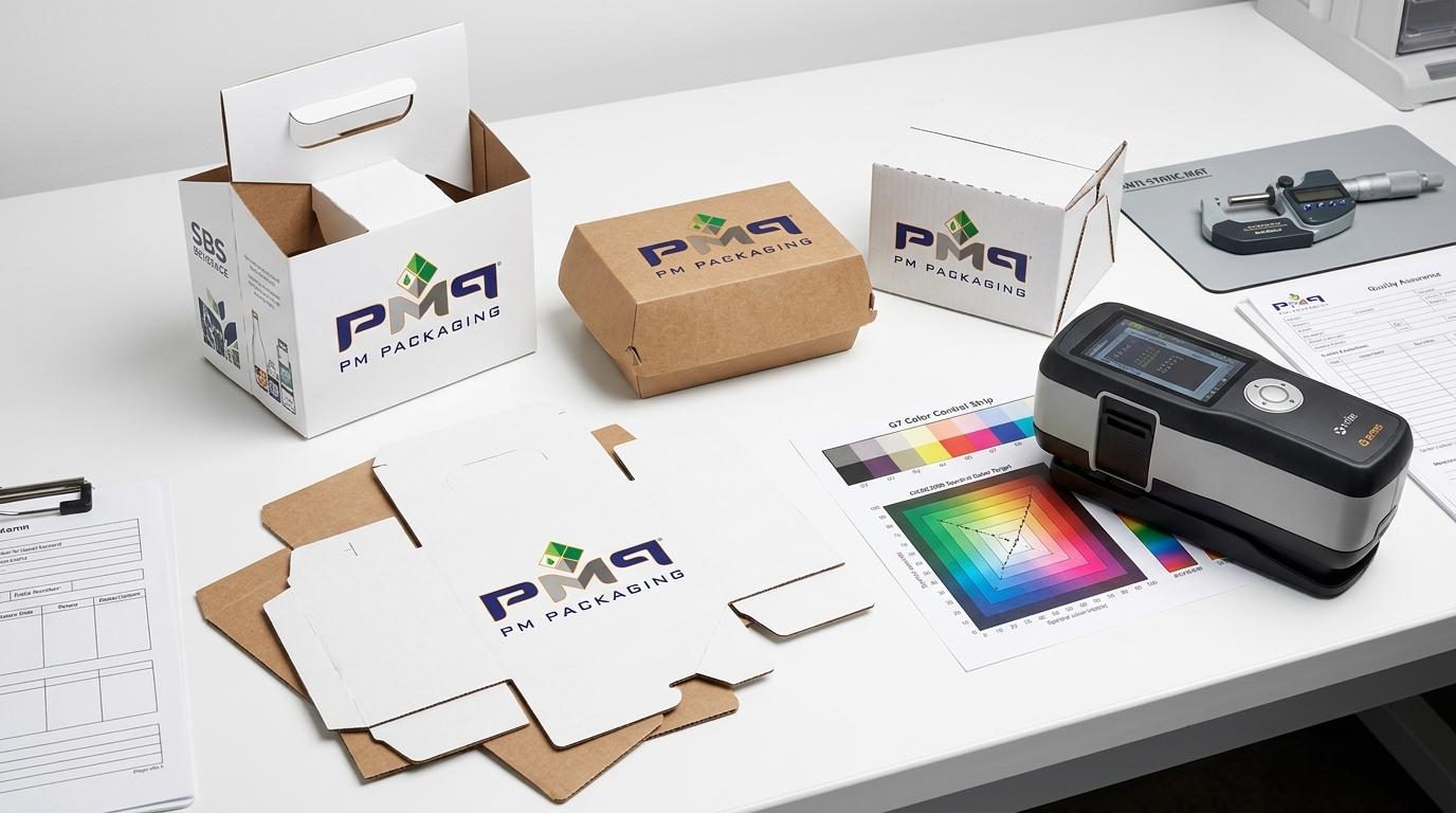 PM Packaging color science laboratory showing folding cartons, SBS paperboard blanks, G7 calibration strips, and digital spectrophotometer inspection