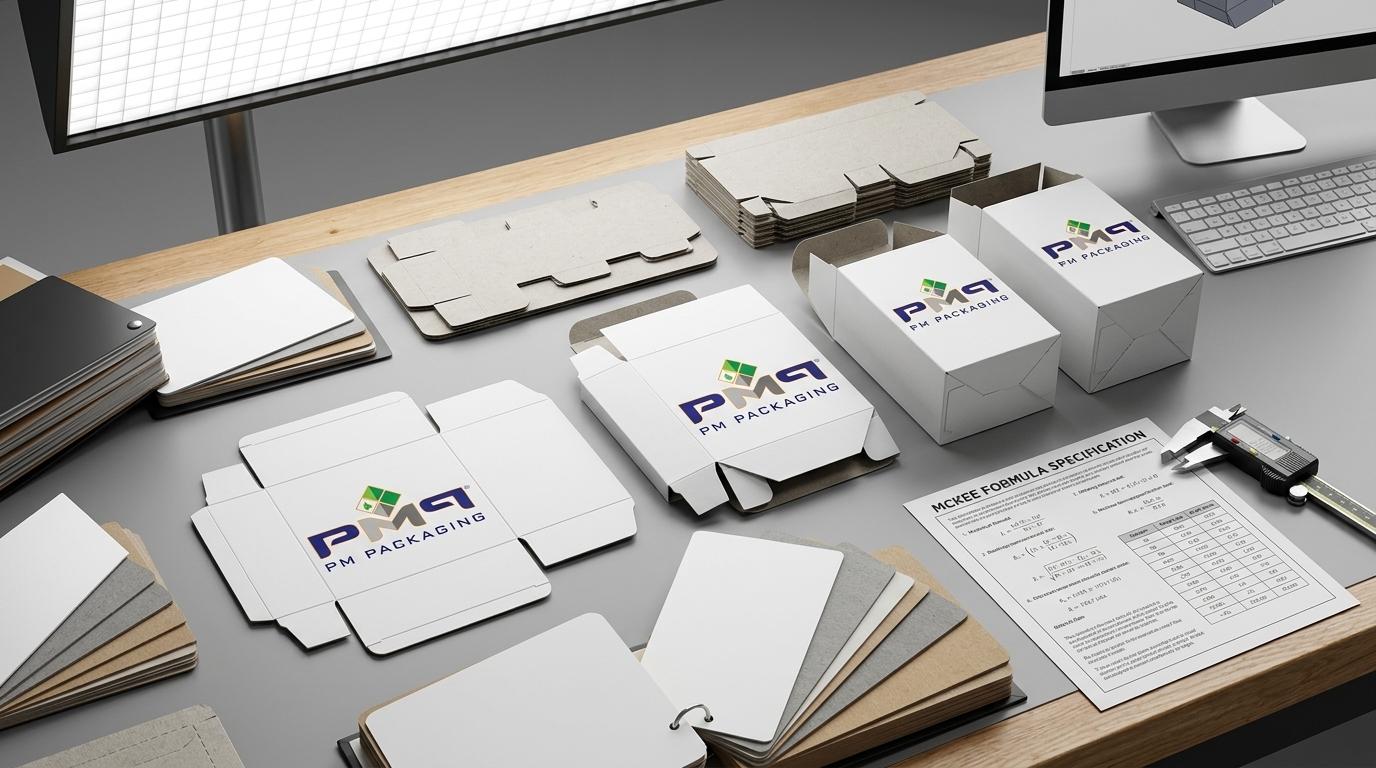 Commercial packaging structural testing bench featuring recycled CRB, FBB, and SFL microflute carton blanks with official PM Packaging branding