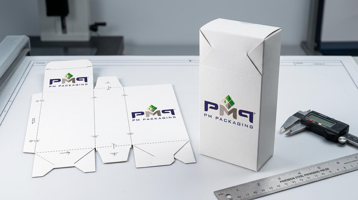 Folding carton CAD dieline blank and assembled paperboard carton with PM Packaging logo, digital caliper, and precision ruler on quality control inspection table