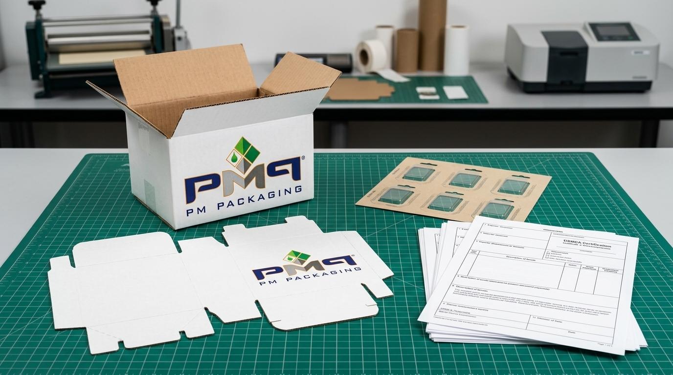 PM Packaging precision converted folding carton blanks, litho-laminated SFL microflute corrugated carton, blister card backing, and USMCA certificate of origin trade compliance documentation