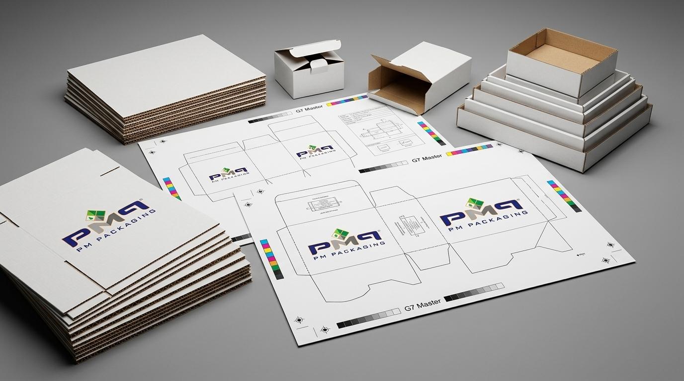 PM Packaging multi-plant converting operations featuring CAD dieline sheets, folding cartons, and single-face flute microflute packaging
