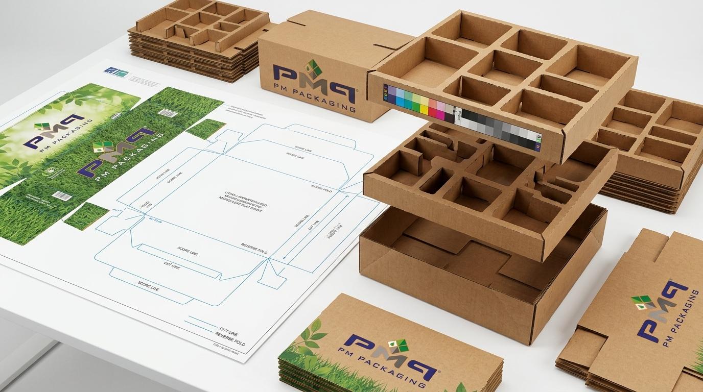 Commercial packaging engineering studio layout of litho-laminated microflute lawn and garden packaging showing unfolded CAD dieline blank, multi-tiered corrugated insert suspension trays, auto-bottom boxes, and G7 color calibration control bars with PM Packaging branding