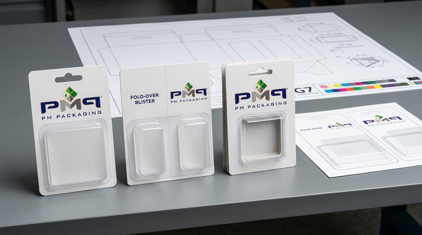 Technical comparison of moisture-resistant blister card packaging structures showing face-seal cards, fold-over blister cards, empty thermoformed RPET blisters, and CAD dielines with PM Packaging branding