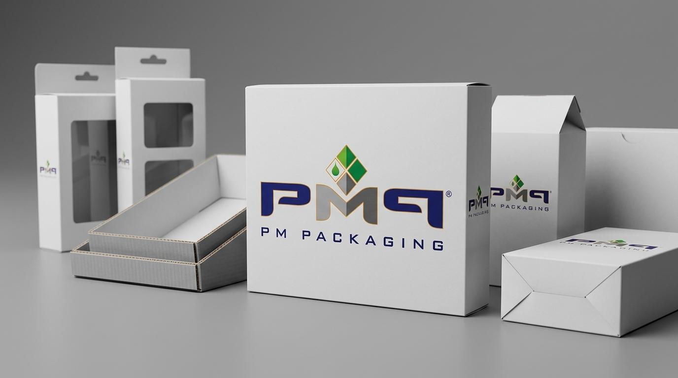 Precision custom folding carton and SFL box samples with PM Packaging logo