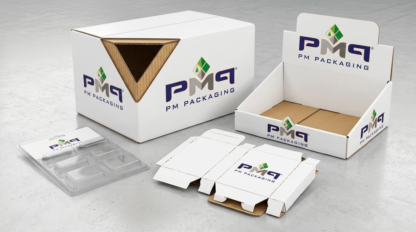 PM Packaging commercial packaging structures including litho-laminated SFL microflute cartons, folding cartons, and retail display trays engineered for West Coast distribution centers
