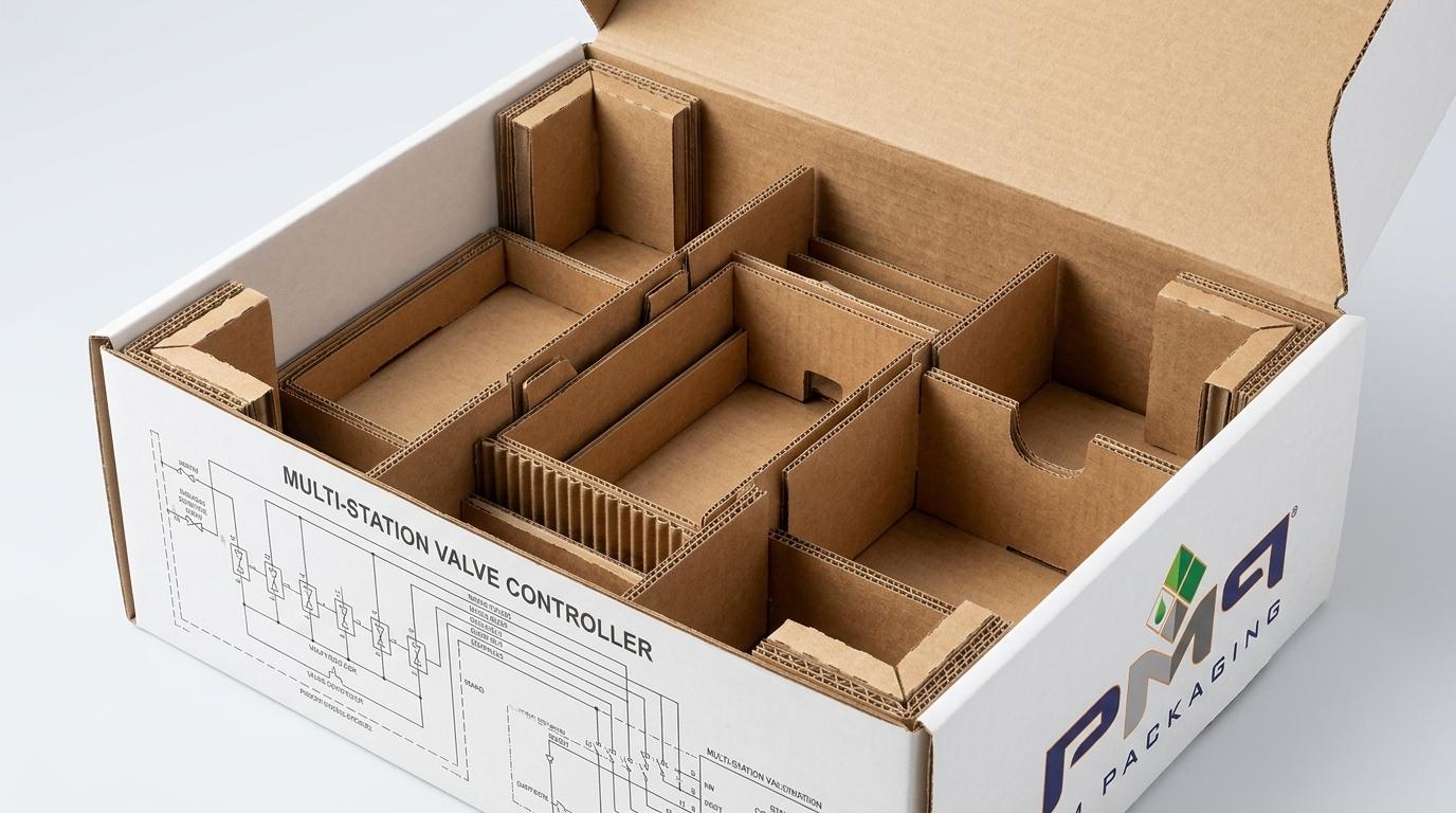 Commercial irrigation and valve controller packaging engineering structures showing heavy-duty SFL microflute master box, internal multi-tier corrugated insert suspension trays, and structural CAD dielines with PM Packaging logo