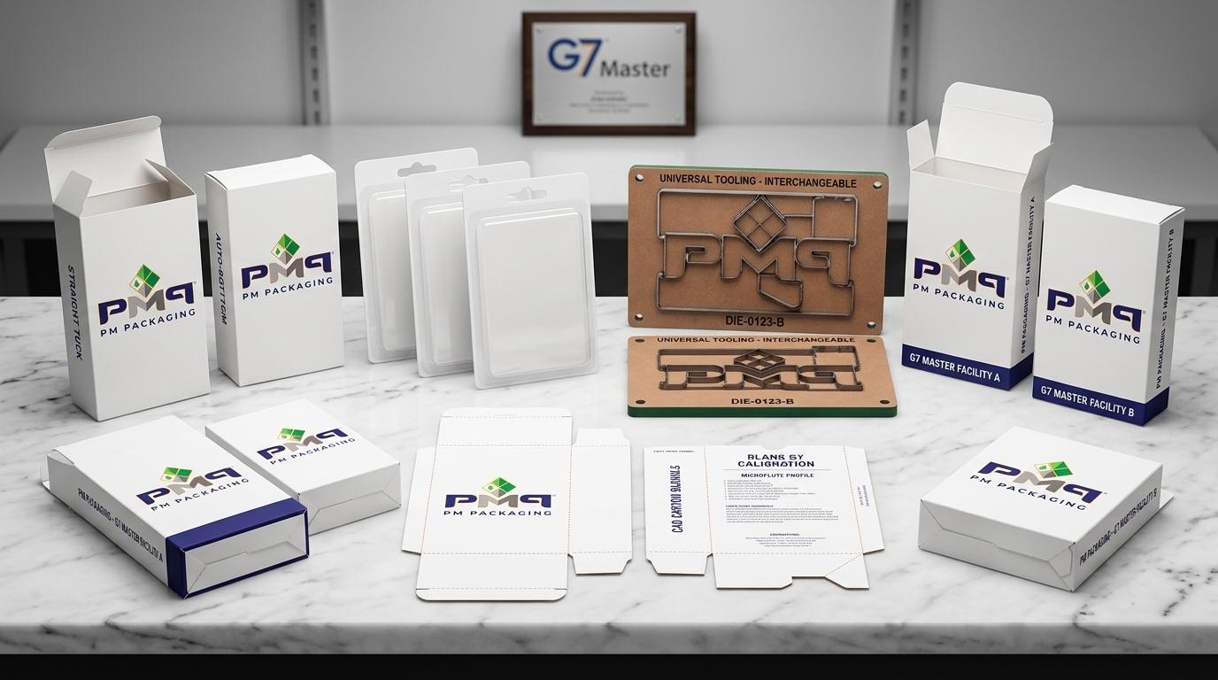 PM Packaging precision folding carton blanks, blister cards, and converting tooling demonstrating universal dieboard interchangeability and G7 Master color consistency