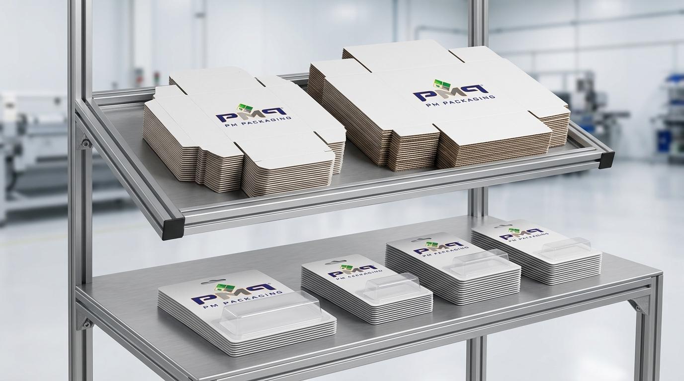 PM Packaging Just-In-Time line-side Kanban staging racks featuring precision folding carton blanks, litho-laminated SFL packaging structures, and blister cards