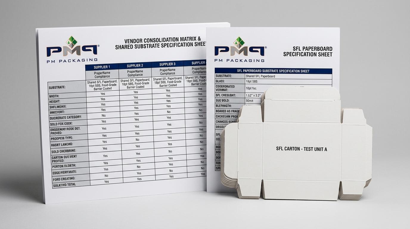 Packaging supplier vendor consolidation matrix and shared SFL paperboard substrate specification sheet with PM Packaging logo