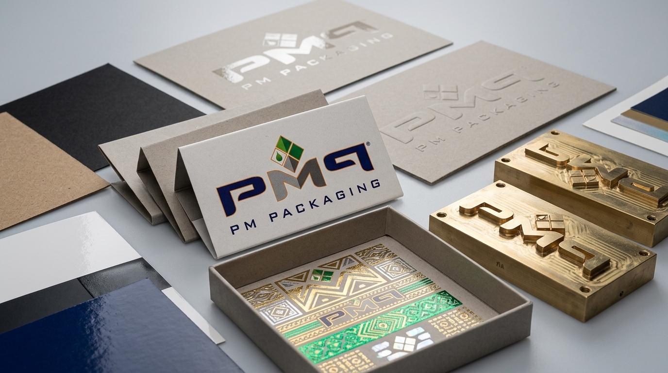 Custom paperboard finish swatch cards, foil stamping dies, spot gloss test sheets, and embossing proofs with PM Packaging logo
