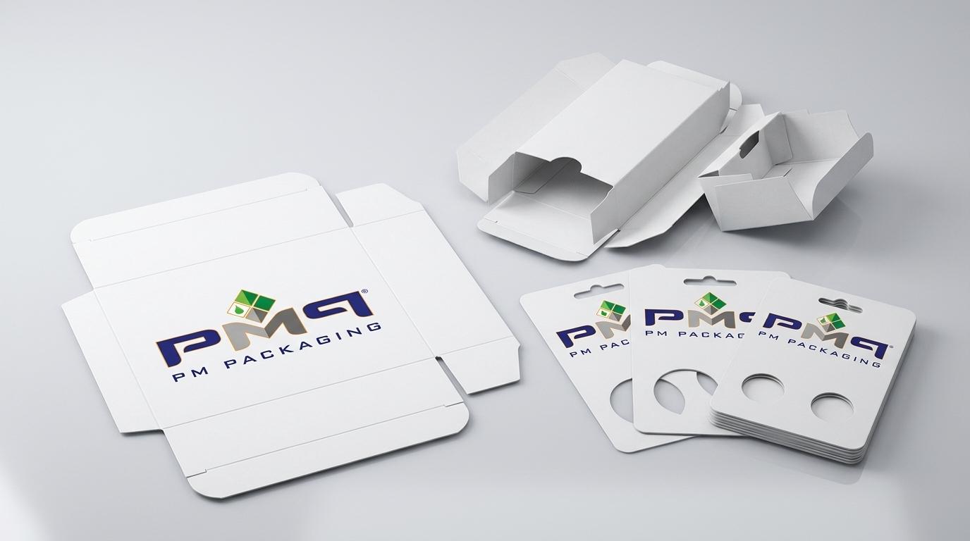 Custom paperboard folding carton and blister card packaging with PM Packaging logo