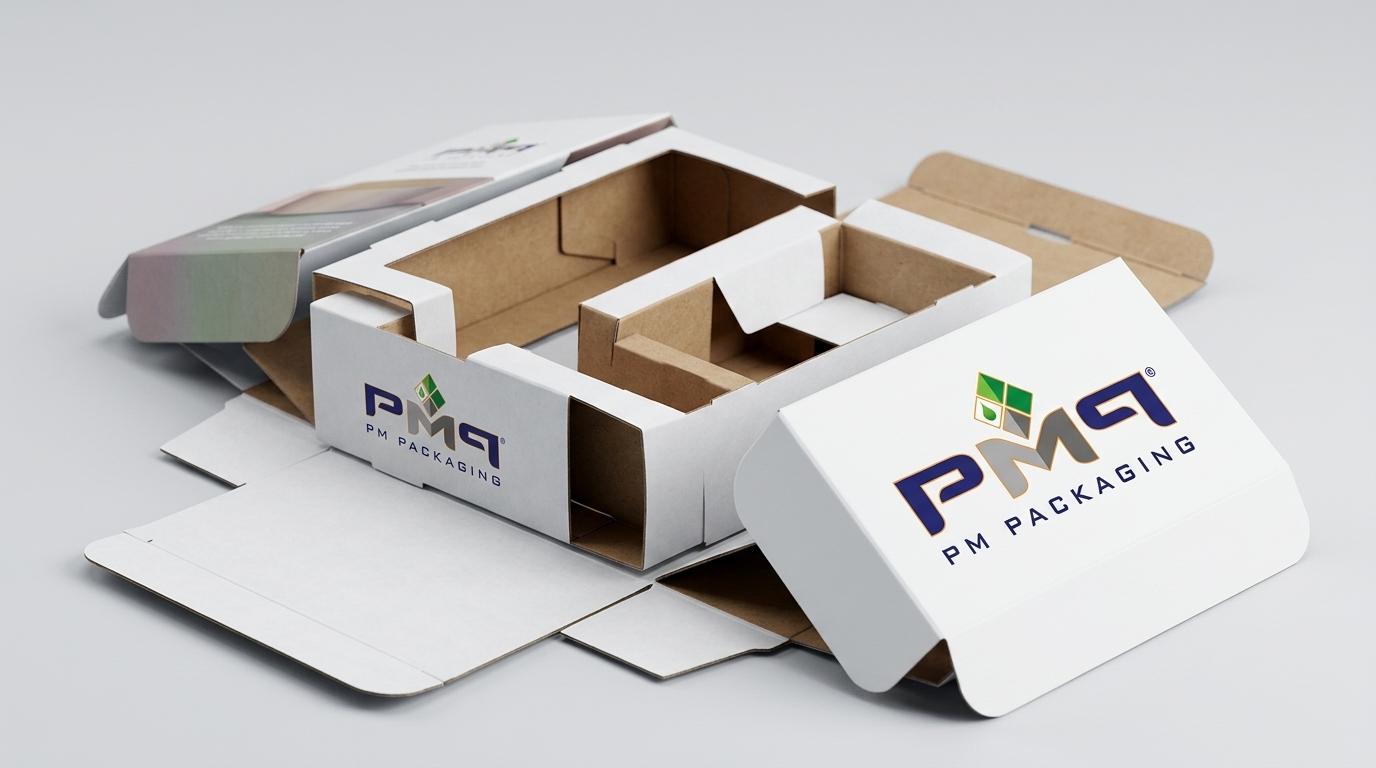 Modular paperboard packaging insert and folded retail cartons with PM Packaging logo